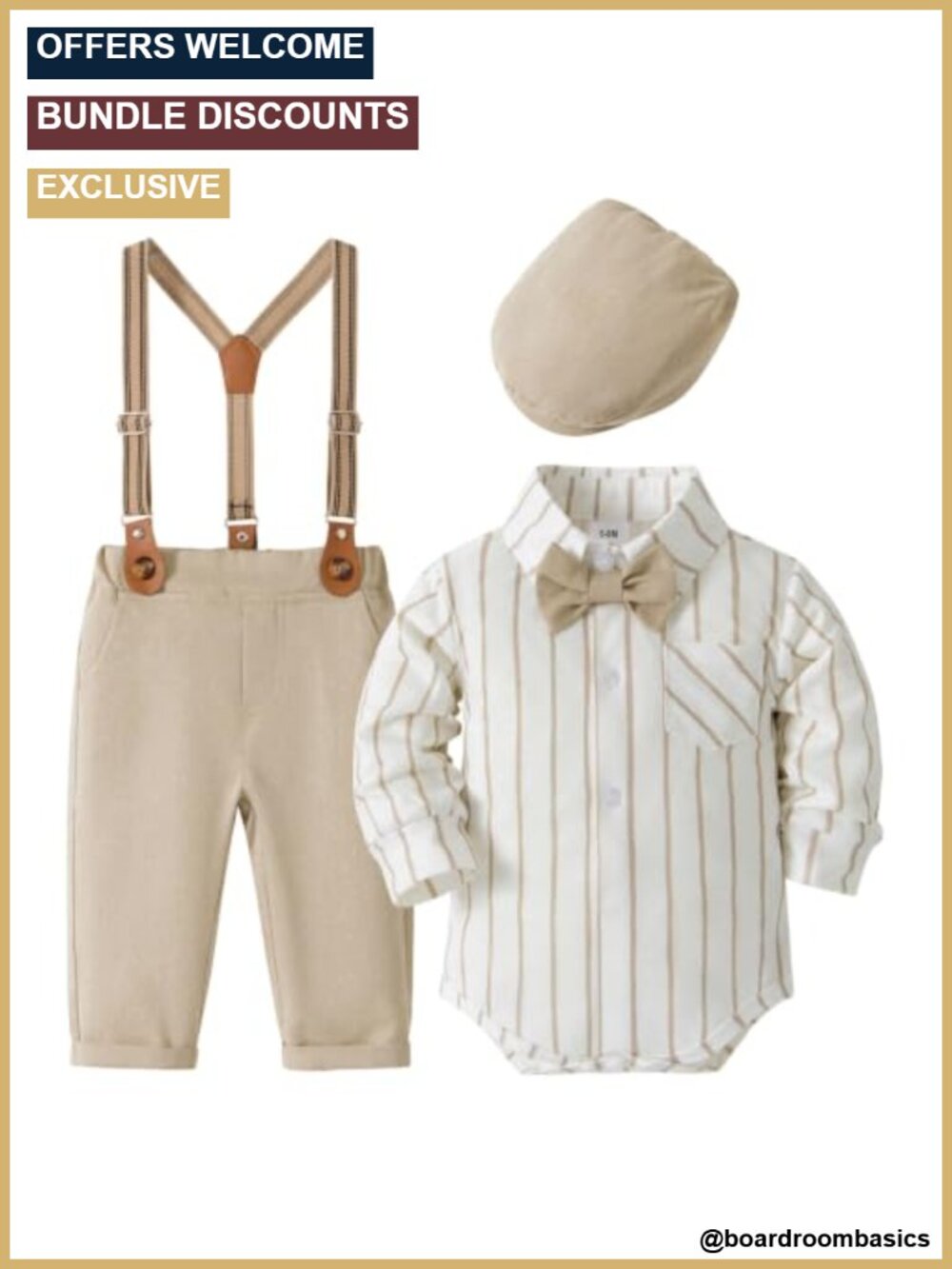 Baby Boy 3 Piece Suit Set Suspender Outfit Bow Tie Beret Formal